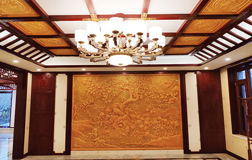 麻章中式别墅客厅中式木作横梁吊顶装饰展示